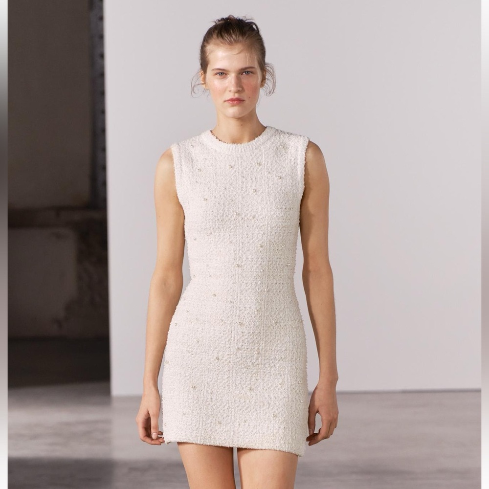 Zara Viral White boucle pearl dress (not sold anymore)